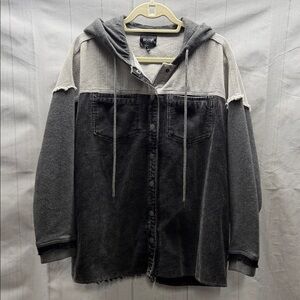 Stoosh Premium Gray Color Block Corduroy Raw Hem Hooded Shacket Jacket